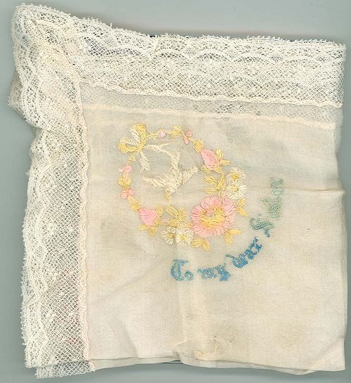 Embroidered handkerchief: 'To my dear Sister'