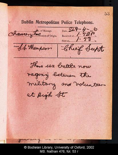 Dublin Police message, 1916 [Image copyright © Bodleian Library, University of Oxford, 2002]